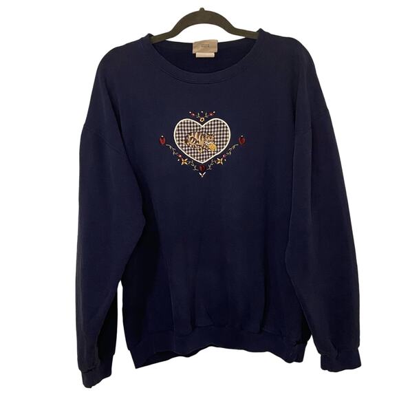 Vintage Northern Reflections Blue Embroidered Cat Sweatshirt Grandmacore - Picture 1 of 7